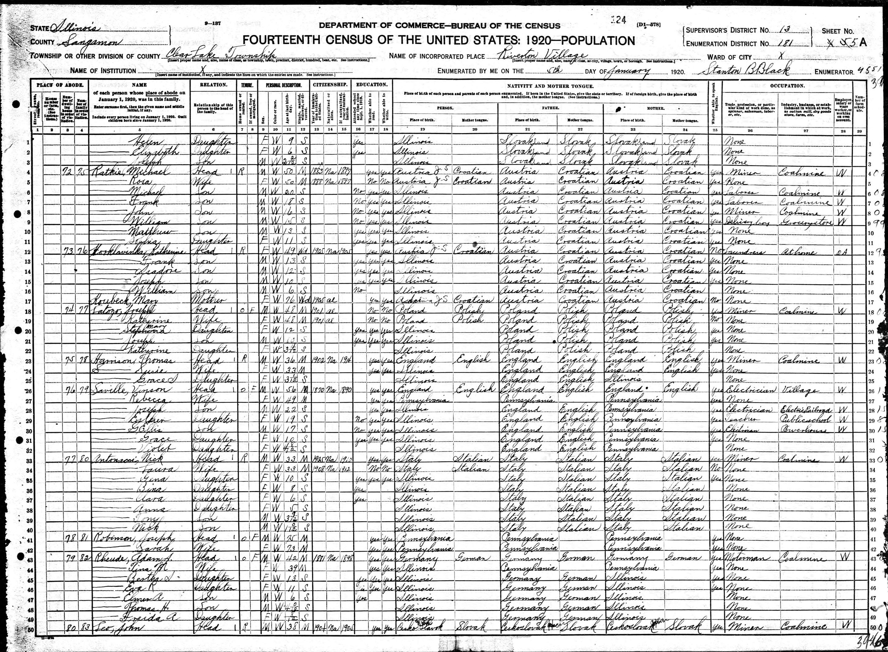 1920 Census Sheet Rheude 