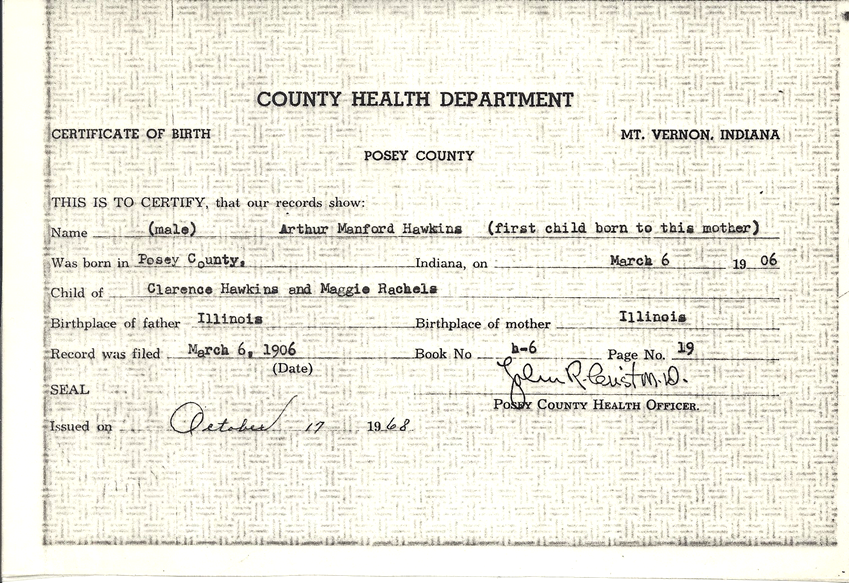 Arthur M. Hawkins Birth Certificate