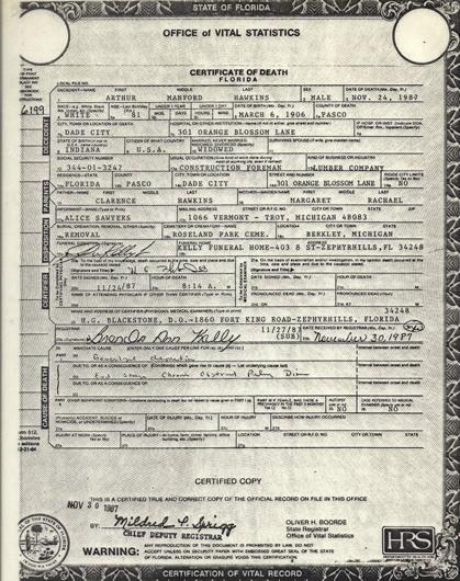 Arthur M. Hawkins Death Certificate