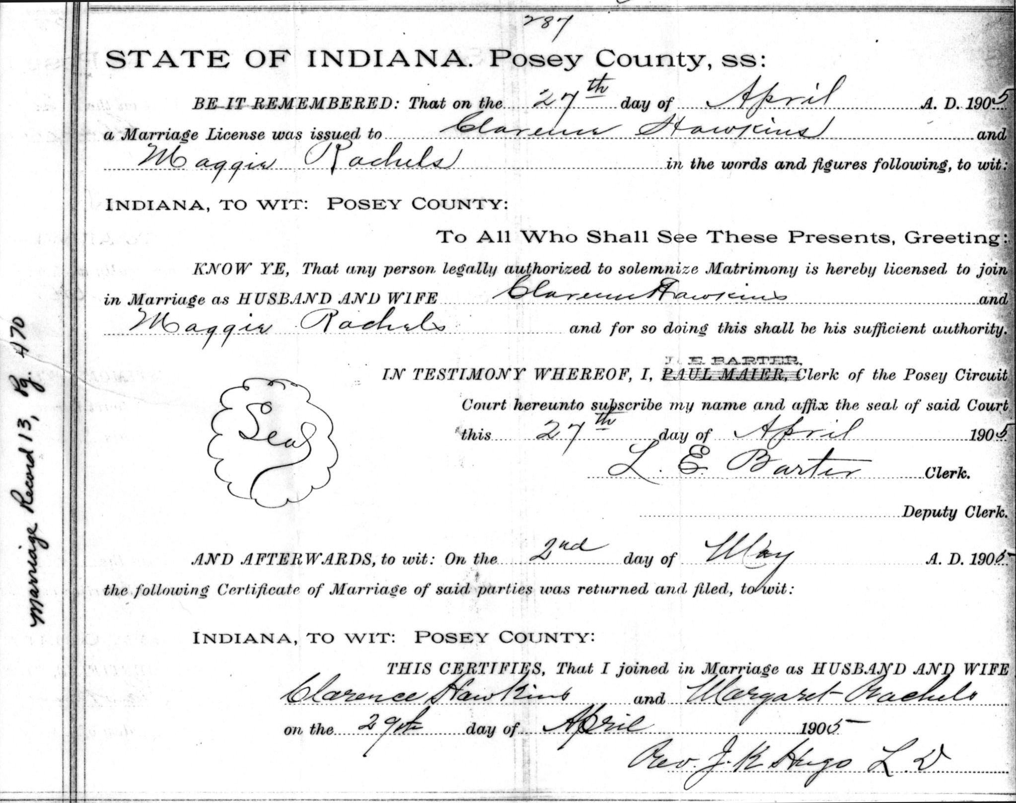 Margtaret Rachels ~ Clarence F. Hawkins Marriage Certificate