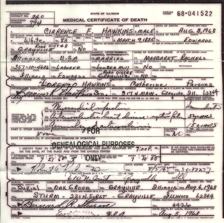 Clarence F. Hawkins Death Record