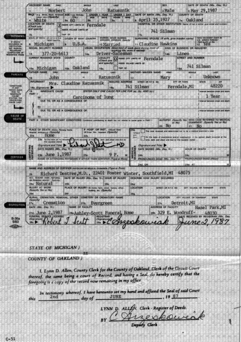 Norbert J. Ratusznik Death Certificate