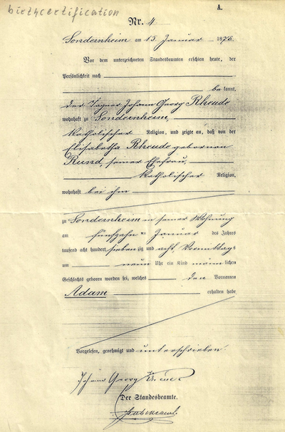 Adam James Rheude Birth Certificate