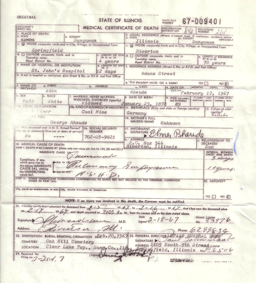 Adam Rheude Death Certificate