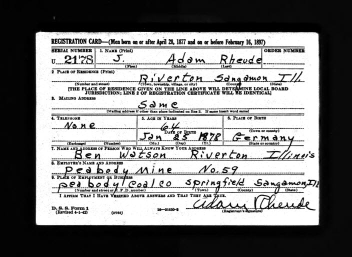 Adam Rheude WWII Registry