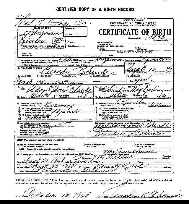 Bertha (Rheude) Hawkins Birth Certificate