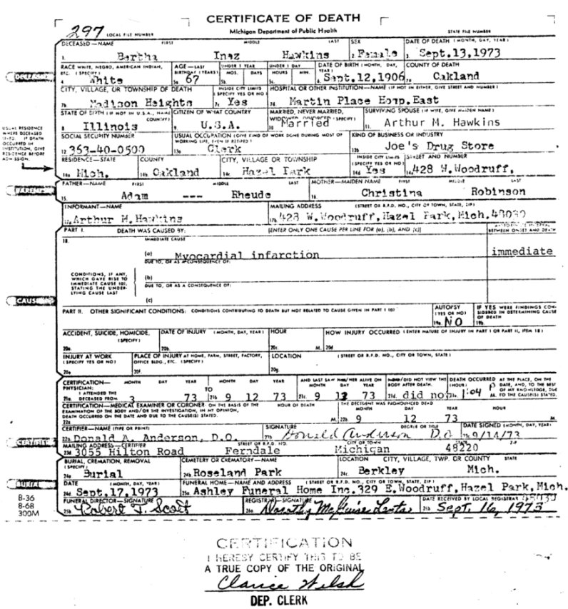 Bertha (Rheude) Hawkins Death Certificate