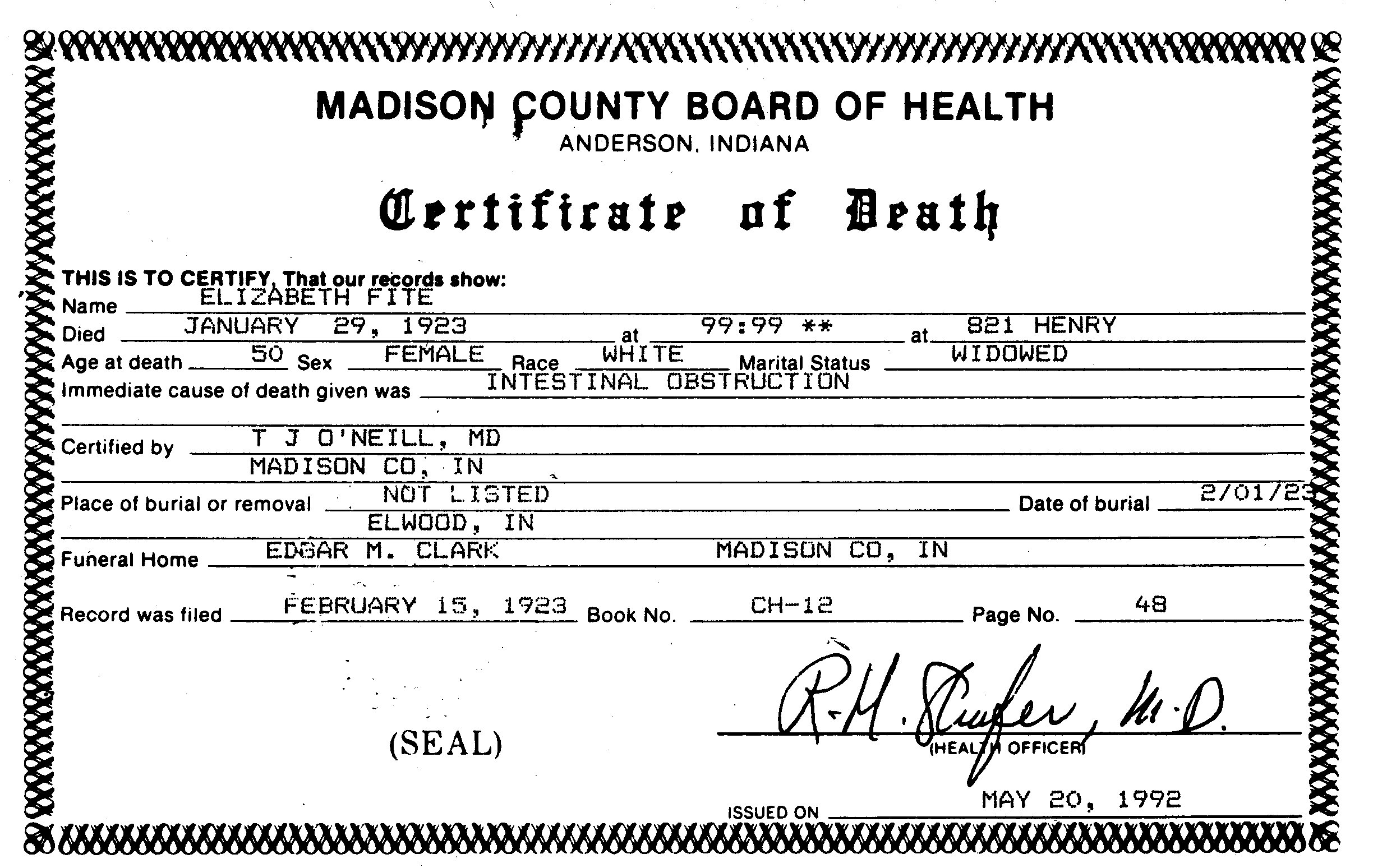 Elizabeth (Rheude) Fite Death Certificate