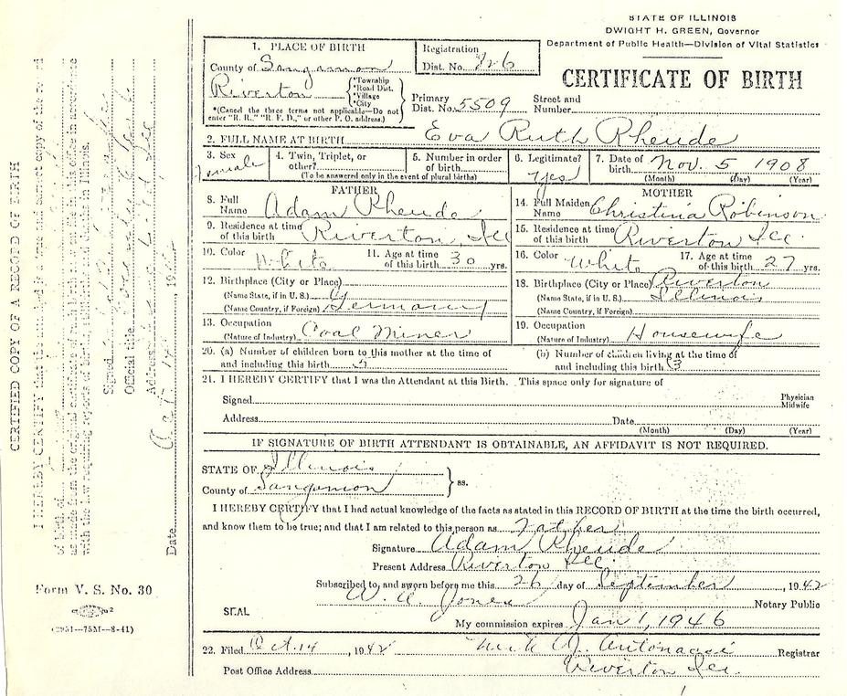 Eva Rheude Birth Certificate