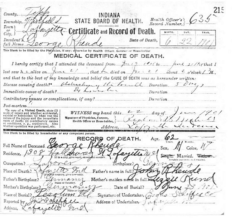 George Rheude Death Certificate