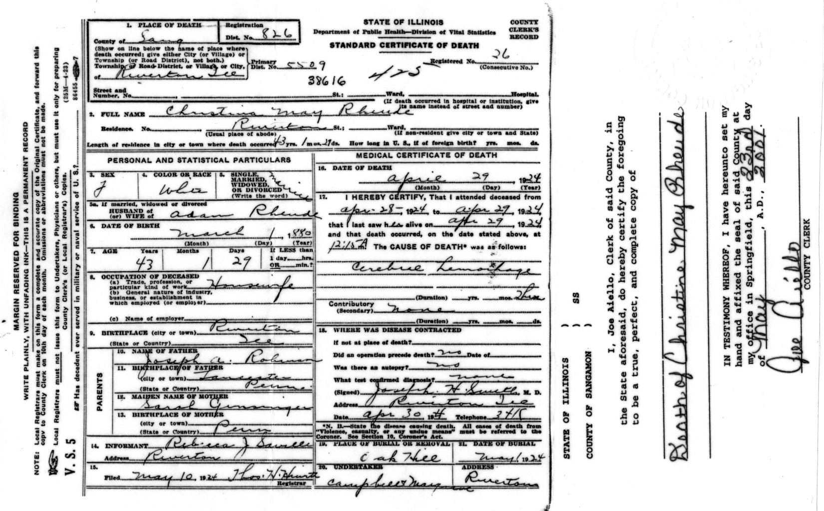 Christina (Robinson) Rheude Death Certificate