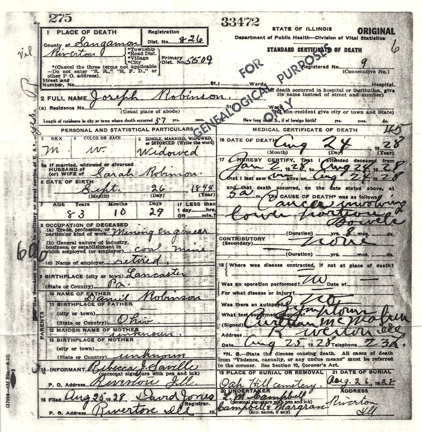 Joseph A. Robinson Sr Death Certificate