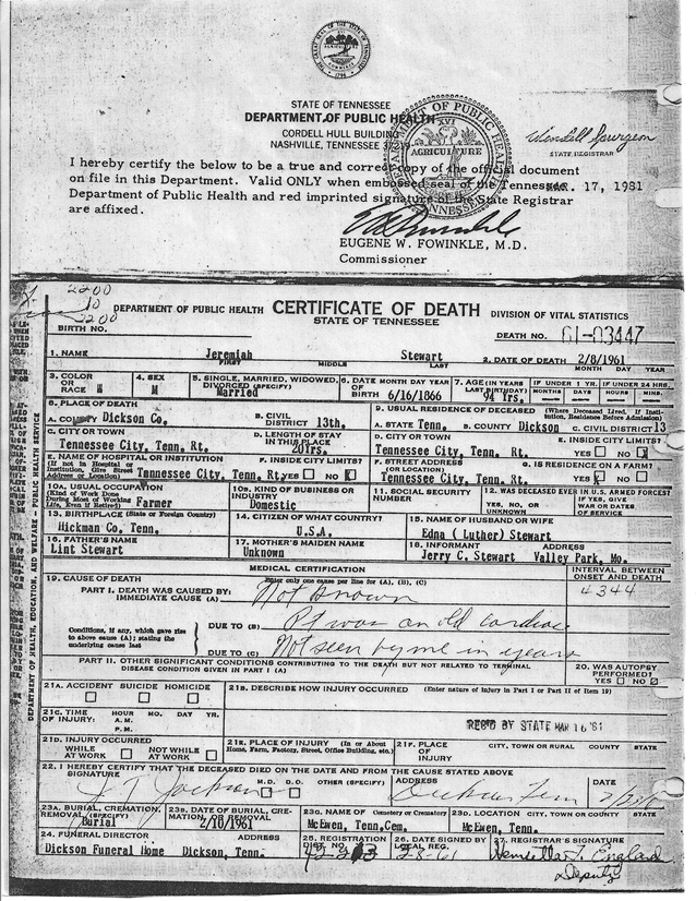 Jermiah Stewart Death Certificate